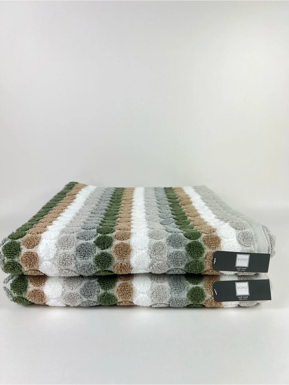 Soho Living Bath Towel Set Dots and Stripes Green Tan White 100% Cotton 2 Pc NEW